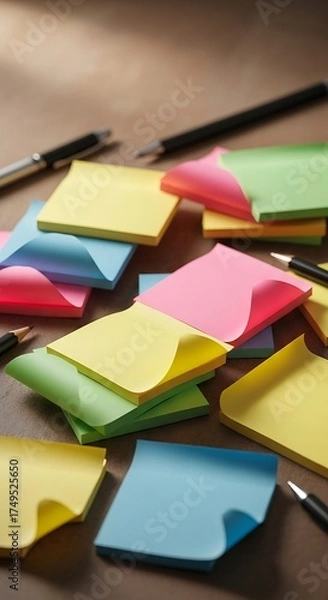 Fototapeta Colorful Sticky Notes and Pens on a Desk for Reminders.