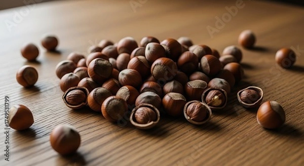 Obraz Pile of Hazelnuts on Wooden Surface - A Nutritious Snack.