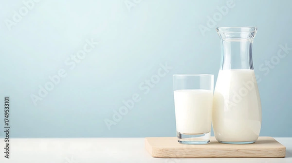 Fototapeta Milk in glass and carafe stands out with its clean, minimalist style. It features a refreshing drink against a serene backdrop, perfect for any kitchen space.