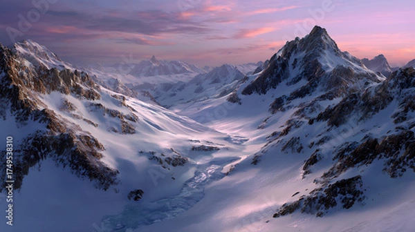 Obraz Majestic Snow Covered Mountain Range Under A Pastel Sunset Sky With Dramatic Lighting
