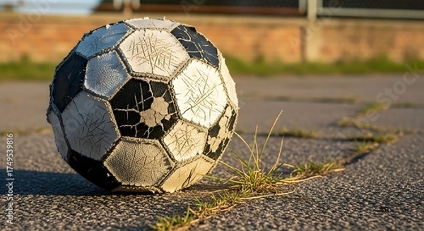 Fototapeta Worn Soccer Ball on Asphalt - A Symbol of Play and Resilience.