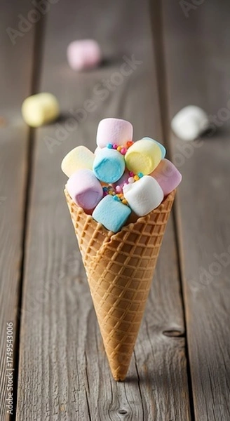 Fototapeta Colorful Marshmallow Cone Delight on Rustic Wood Surface.