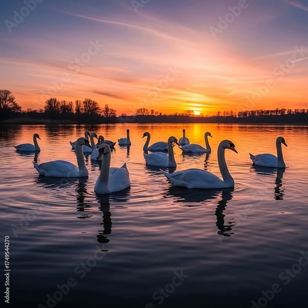Obraz Swans at Sunset - A Serene Lakeside Scene.