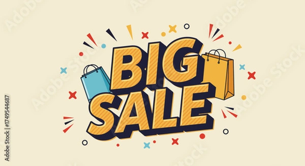 Obraz Big Sale graphic with shopping bags and colorful confetti on a beige background.