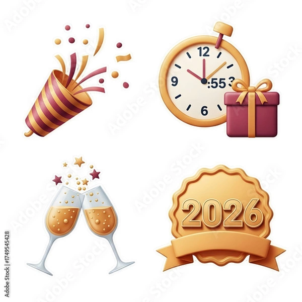 Fototapeta 3D new year 2026 celebration icon set party elements isolated on transparent background