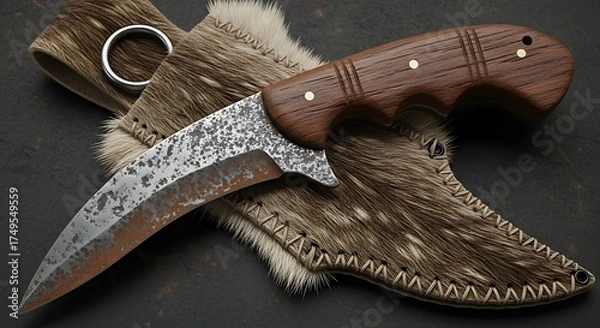 Fototapeta Handcrafted Hunting Knife with Leather Sheath - A Rustic and Durable Tool.