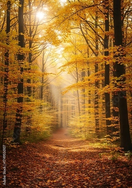 Obraz Autumnal Forest Path - A Sunlit Journey Through Golden Leaves.