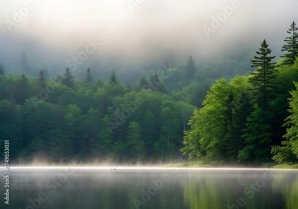 Fototapeta Misty Morning Serenity - Lake Reflections and Forest Awakening.