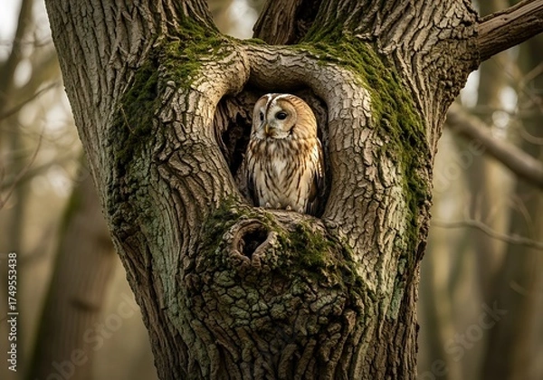 Fototapeta Owls Serene Sanctuary - A Tawny Owl in a Tree Hollow.