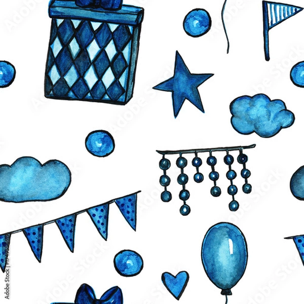 Obraz A seamless raster pattern of blue festive balloons, garlands, clouds, and gifts. Bright, watercolor-painted holiday elements for wrapping paper.