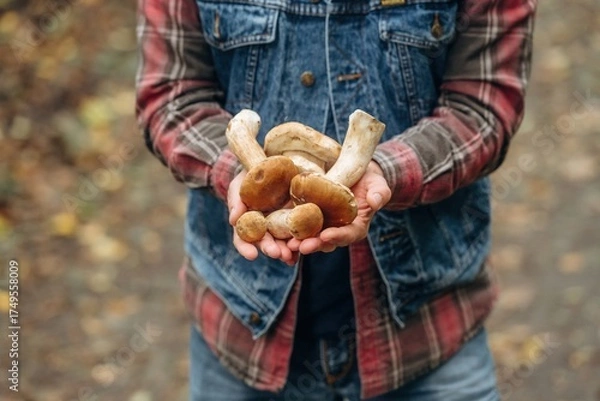Fototapeta Collected bunch of them. Close up view of man that is doing mushroom picking in the forest