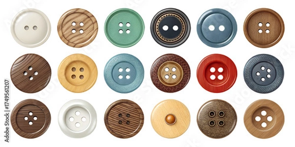 Fototapeta Clothing Buttons Set isolated Buttons of Various Sizes and Materials on Transparent Background