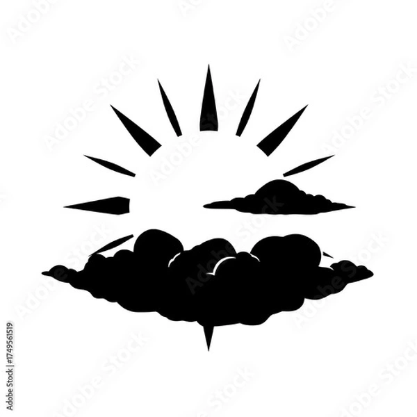 Obraz a stylized black silhouette of a sun partially obscured by clouds on a white background