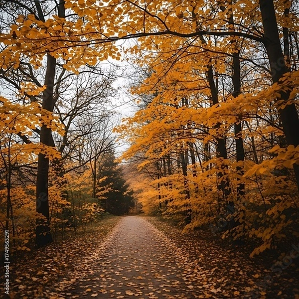 Fototapeta Autumn Path - A Serene Walk Through a Forest of Golden Leaves.