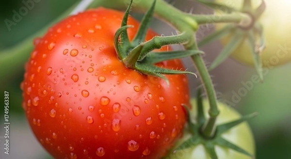 Obraz Ripe Tomato on the Vine with Water Droplets in Sunlight.