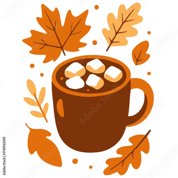 Fototapeta Autumn cozy vector illustration with cup of hot cocoa, marshmallows and fall leaves on white background
