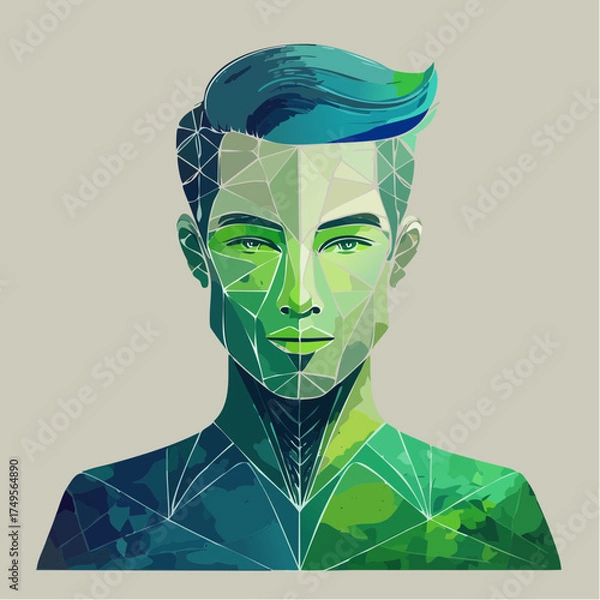 Fototapeta Geometric man portrait with green and blue color palette design style