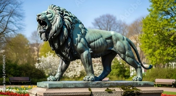 Obraz Majestic Lion Statue Roaring in a Lush Green Park Setting.