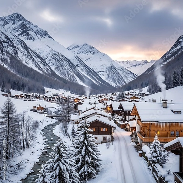 Obraz Winter Village in the Alps - A Snowy Paradise in the Mountains.