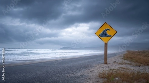 Fototapeta Warning Sign Shown Against a Dark Stormy Sky Near the Ocean, Indicating High Waves and Potential Dangers Along the Beachfront Area