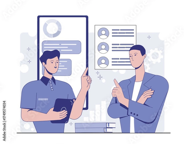 Obraz Two male characters discussing project data with charts and user profiles, modern flat graphic style on white background. Concept of teamwork and communication. Vector illustration