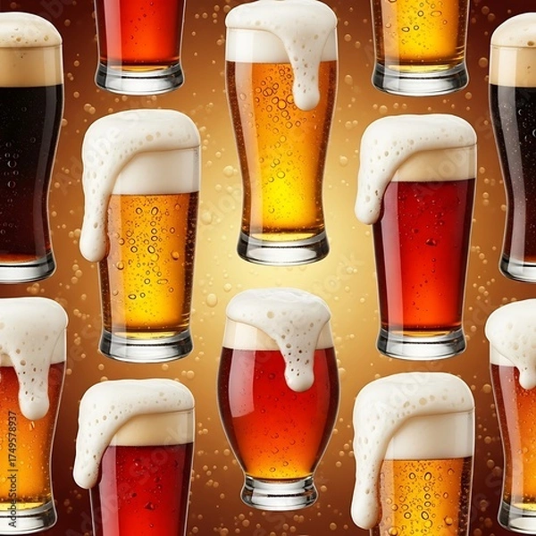 Fototapeta Refreshing Beer Collection - A Variety of Brews with Frothy Heads.