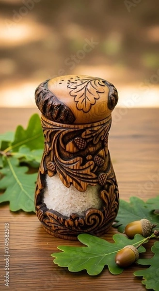 Fototapeta Ornate Wooden Salt Shaker with Oak Leaf Carvings and Acorns.