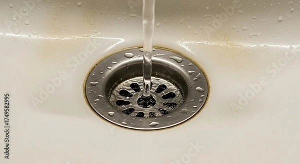 Obraz Water Flowing Down a Sink Drain - A Close-Up View.