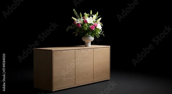Fototapeta Elegant Floral Arrangement on Modern Cabinet in Dark Studio.
