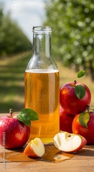 Obraz Fresh Apple Cider Bottle with Ripe Apples in Orchard Setting.
