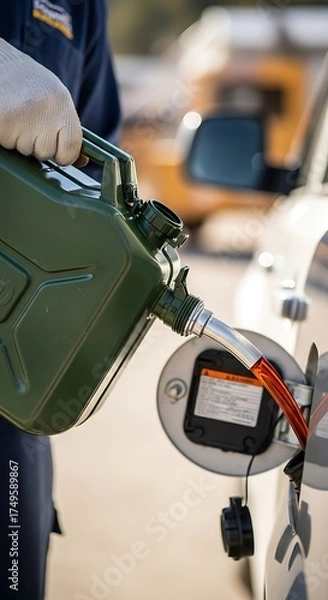 Obraz Refueling a Car with a Gas Can in an Emergency Situation.