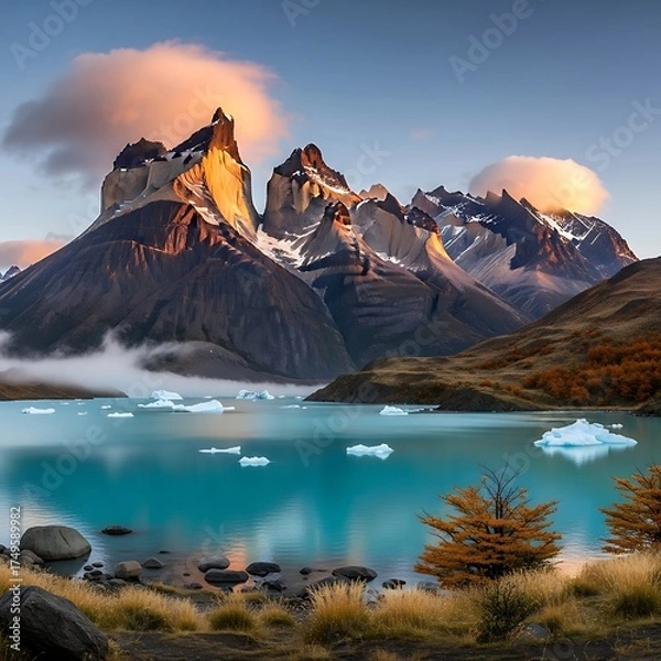 Obraz Torres del Paine National Park - Majestic Peaks and Serene Lake.
