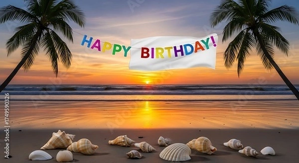Obraz Tropical Beach at Sunset with Happy Birthday Banner Celebration Seashore Palm Trees Holiday Greeting Coastal Backdrop Festive Message Destination Relaxation