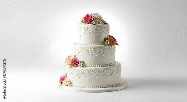 Obraz Elegant Three-Tier Wedding Cake Adorned with Delicate Floral Accents.