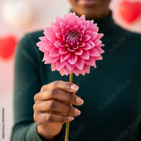 Obraz Woman Holding a Pink Dahlia Flower in a Romantic Setting.