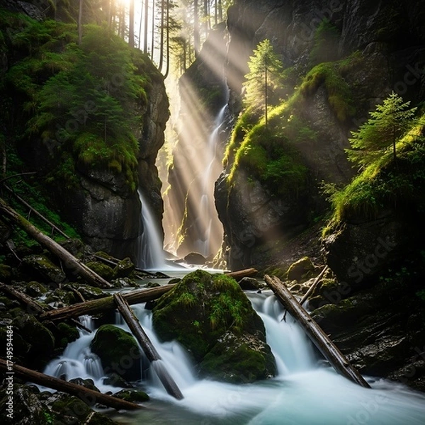 Obraz Sunlit Cascade - A Serene Waterfall Scene in Lush Forest.