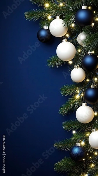 Obraz A close-up view of a dark blue Christmas ornament elegantly suspended from a green evergreen branch, showcasing intricate details and vibrant colors against a dark backdrop