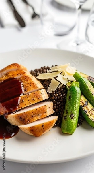 Fototapeta Elegant Plate - Sliced Chicken, Lentils, and Grilled Zucchini Delight.