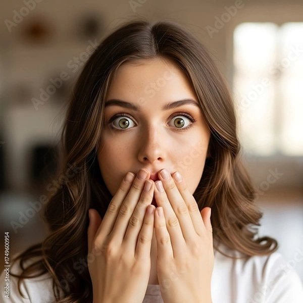 Obraz Surprised woman covering her mouth with hands in disbelief and shock.