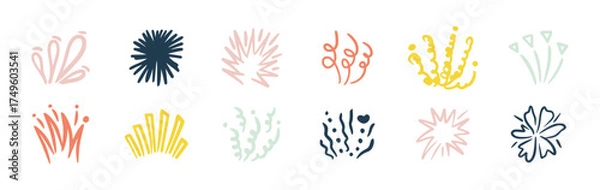 Fototapeta Sparkles, fireworks, doodle bursts. Festive hand drawn vector set of colorful star icons, explosion elements, and celebration shapes. Unique pastel design with fireworks, spark lines, glowing stars