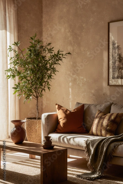 Fototapeta Modern rustic living room with olive tree, terracotta pottery, and soft autumn sunlight illuminating natural textures