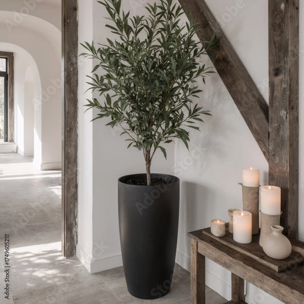 Fototapeta Minimal winter entrance with olive tree, neutral pottery, and soft candlelight on rustic wood beam for cozy zen atmosphere