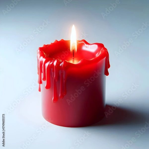 Obraz A single red candle with melted wax texture and gentle flame, isolated on a pure white background, realistic lighting, minimal holiday decoration, elegant Christmas aesthetic