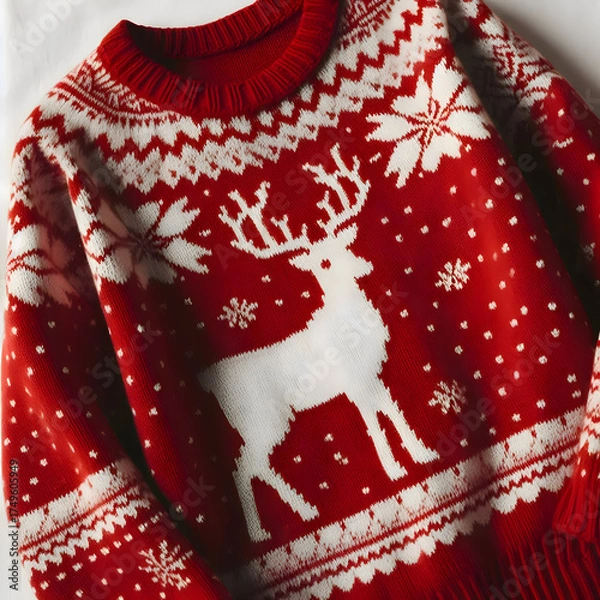 Obraz Close-up of a cozy red knitted sweater with white reindeer pattern, isolated on a plain white background, soft lighting, realistic fabric texture, holiday aesthetic