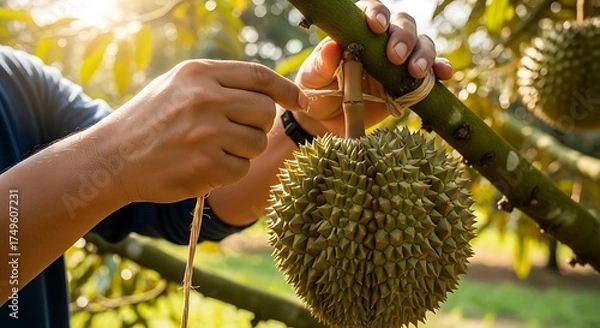 Fototapeta Harvesting Durian - A Farmer Securing the Fruit on the Tree Branch.