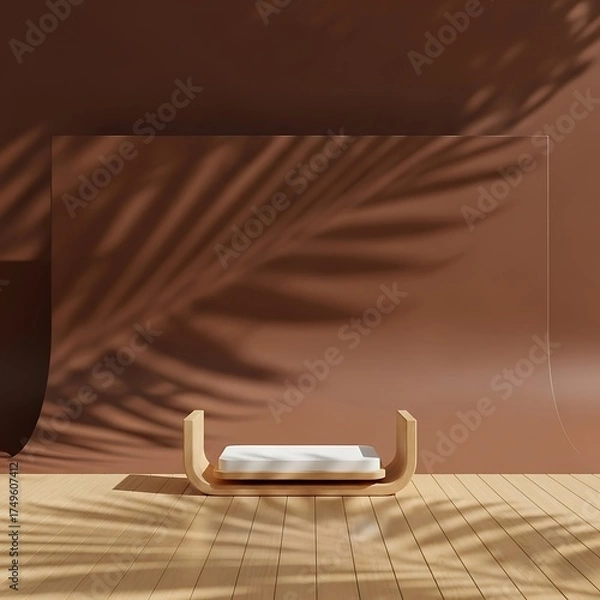 Obraz Minimalist Product Display - Wooden Stand with Palm Leaf Shadows.