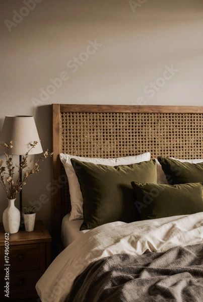 Fototapeta Rustic Autumn Bedroom with Olive Accents and Dried Botanicals