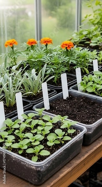 Obraz Seedlings in a Greenhouse - A Promising Start for New Plants.