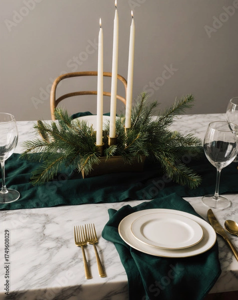 Obraz Elegant Winter Dining Room with Brass Cutlery and Greenery