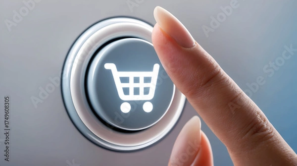 Obraz Finger touching a glowing shopping cart button.